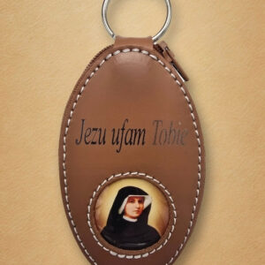 Skórzany brelok owalny „Jezu, ufam Tobie” z wizerunkiem św. Siostry Faustyny