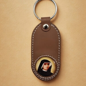 Skórzany brelok z wizerunkiem św. Siostry Faustyny – tonacja srebrna