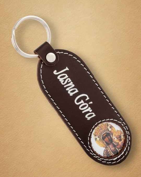 Skórzany brelok z wizerunkiem Matki Boskiej Częstochowskiej