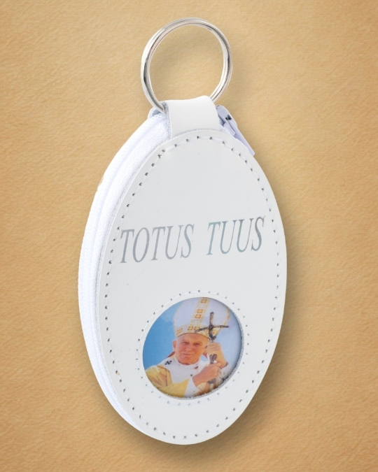 Skórzany brelok owalny „Totus Tuus” z wizerunkiem św. Jana Pawła II