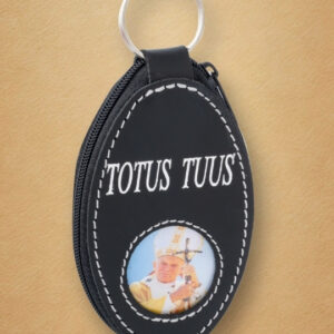 Skórzany brelok owalny „Totus Tuus” z wizerunkiem św. Jana Pawła II