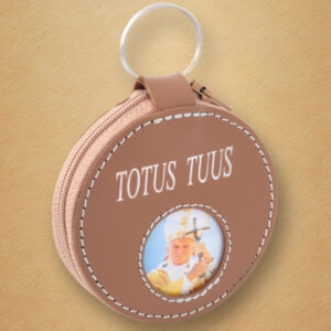 Ręcznie Szyty Skórzany Brelok/Etui ze Św Janem Pawłem 2 "Totus Tuus"
