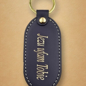 Skórzany brelok do kluczy z napisem „Jezu Ufam Tobie” (w tonacji złota)