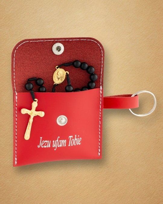 Skórzane etui na dokumenty i karty z brelokiem – „Jezu Ufam Tobie”