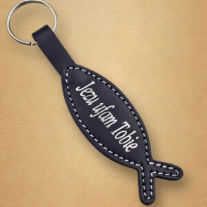 Skórzany brelok do kluczy w kształcie ryby z napisem „Jezu Ufam Tobie”